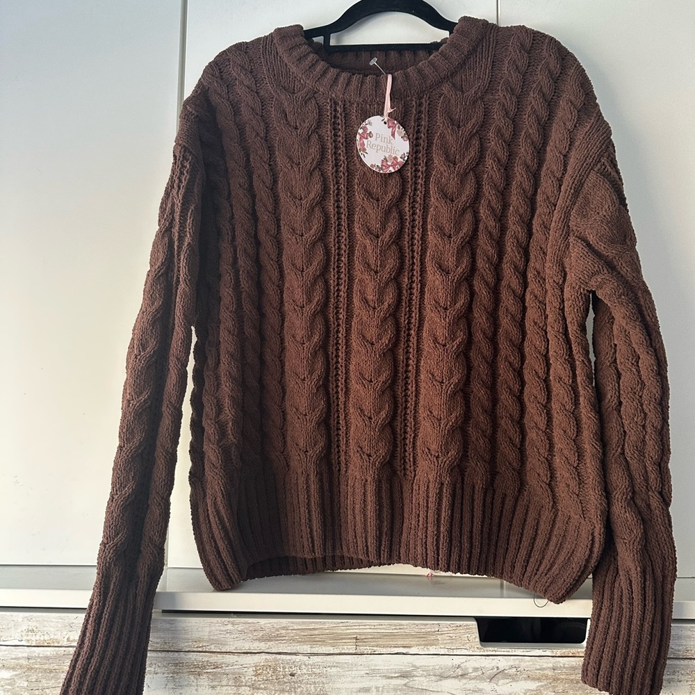 🤎 Pink Republic Juniors M Vintage Cocoa Cable Knit Sweater NWT Oversized